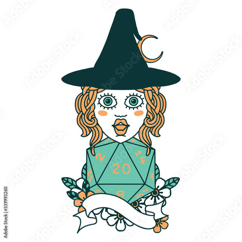human mage with natural twenty dice roll illustration