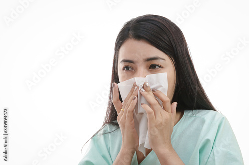 Female patients with high fever, cough, sore throat, runny nose, tired breathing, at risk of virus infection Coronavirus (COVID-19). Medical concepts