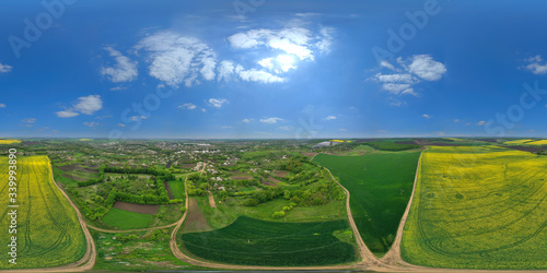 360-degrees panorama of rapefield in the rural area. Green meadows and fields with blue cloudless skies. photo