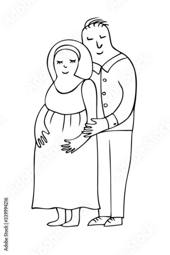 Pregnant couple vector - man and pregnant woman, young family waiting for a baby, love and care concepts, family values. Blond woman and man - wife and husband standing.