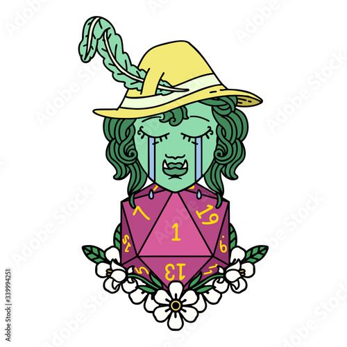 sad half orc bard character with natural one d20 roll illustration