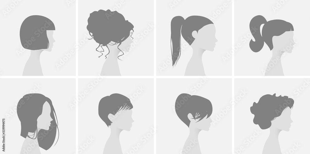 Gray placeholder photo. Default avatar profile icon. The girl in a beautiful hairdress in a profile