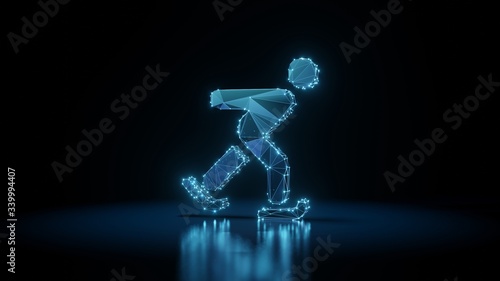 3d rendering wireframe neon glowing symbol of skating on black background with reflection