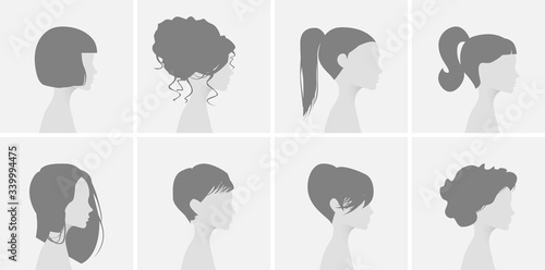 Gray placeholder photo. Default avatar profile icon. The girl in a beautiful hairdress in a profile
