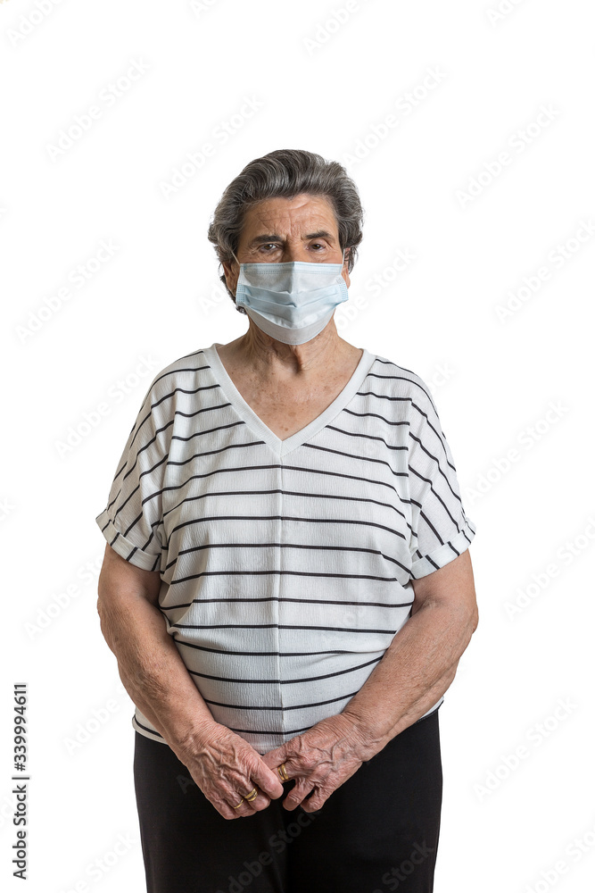 Aged female in risk group wearing protective mask Aged female in risk group wearing protective mask