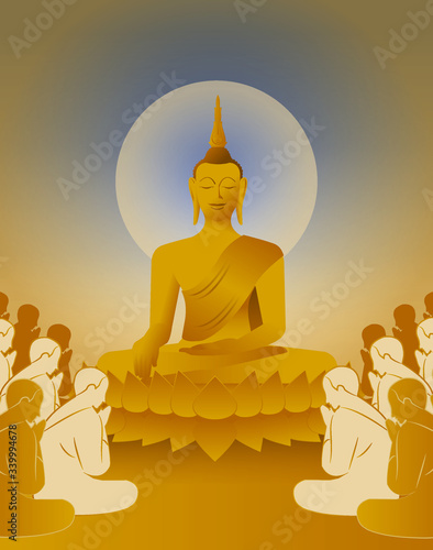 beautiful Vector of Lord of gold en Buddha Enlightenment mediating sitting on lotus flower with crowd of monk for Makha, Visakha, Asarnha Bucha, Visak and buddhist lent day blue background retro style