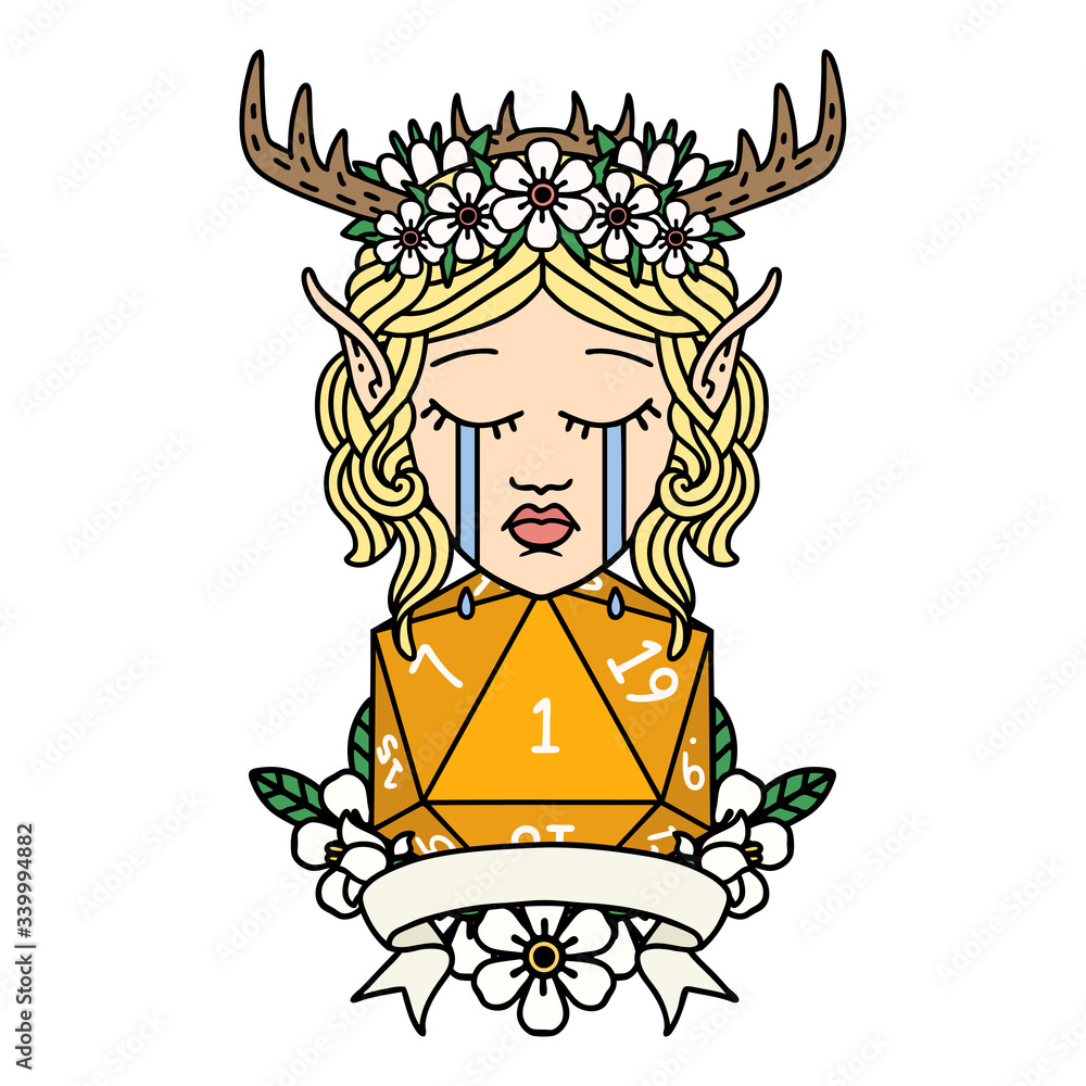 sad elf druid character face with natural one D20 roll illustration sad elf druid character face with natural one D20 roll illustration