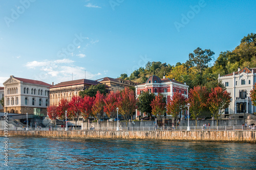 buildings with trees in autumn next to the river