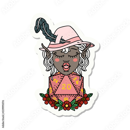 elf bard character with natural twenty dice roll sticker