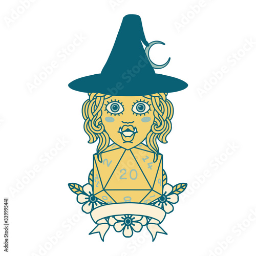 half orc witch character with natural 20 dice roll illustration
