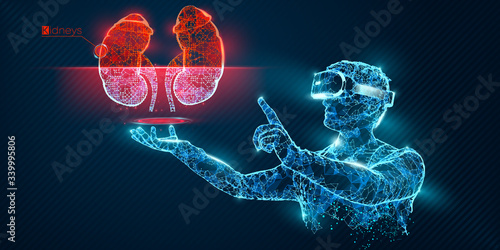 VR wireframe headset vector banner. Polygonal man wearing virtual reality glasses, with holographic of kidney. Science, diagnostics, virtual analytics, analysis. VR games. Thank you for watching