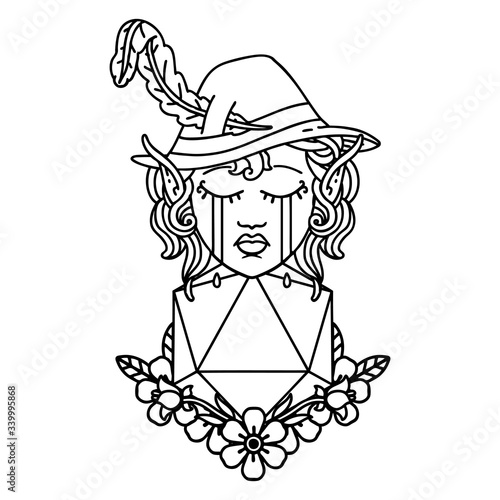 crying elf bard character with natural one D20 roll illustration