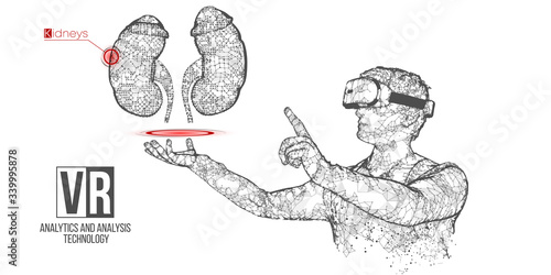 VR wireframe headset vector banner. Polygonal man wearing virtual reality glasses, with holographic of kidney. Science, diagnostics, virtual analytics, analysis. VR games. Thank you for watching