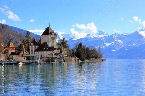 Oberhofen Castle from Lake Thun. Oberhofen town is located on the northern shore of Lake Thun. Switzerland, Europe.