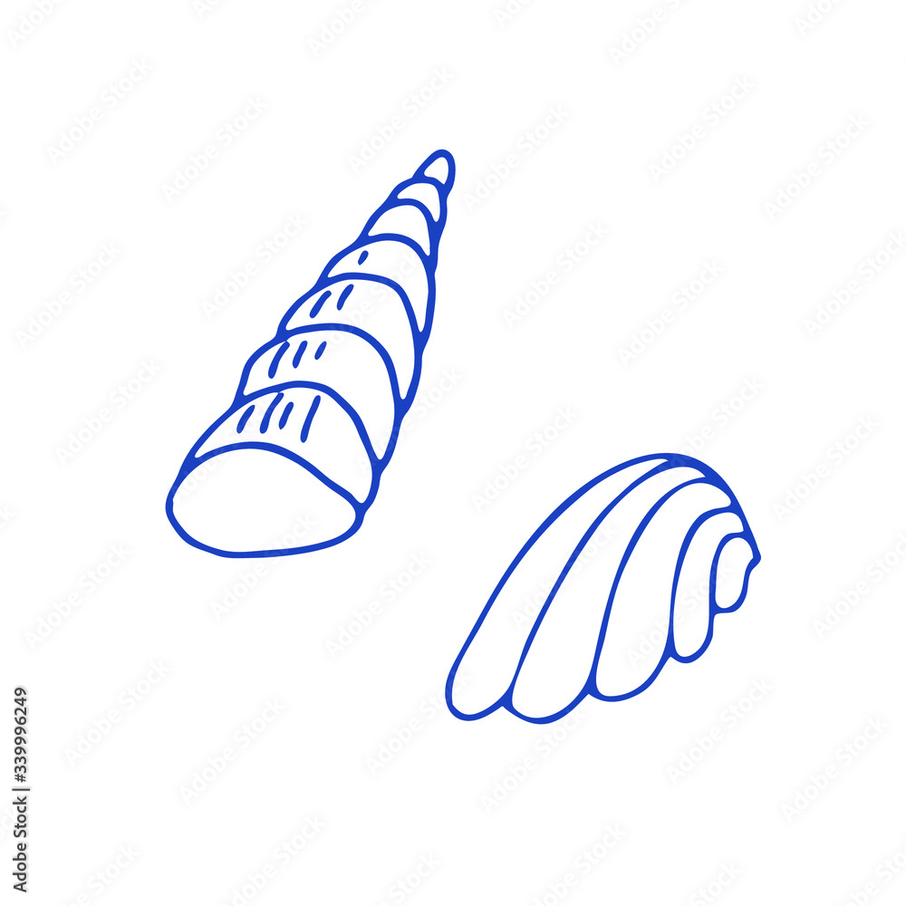 Shell doodle icon set. Hand drawn line vector illustration isolated on white background for logotype, infographic, website, menu or package design. Shell doodle icon set. Hand drawn line vector illustration isolated on white background for logotype, infographic, website, menu or package design.