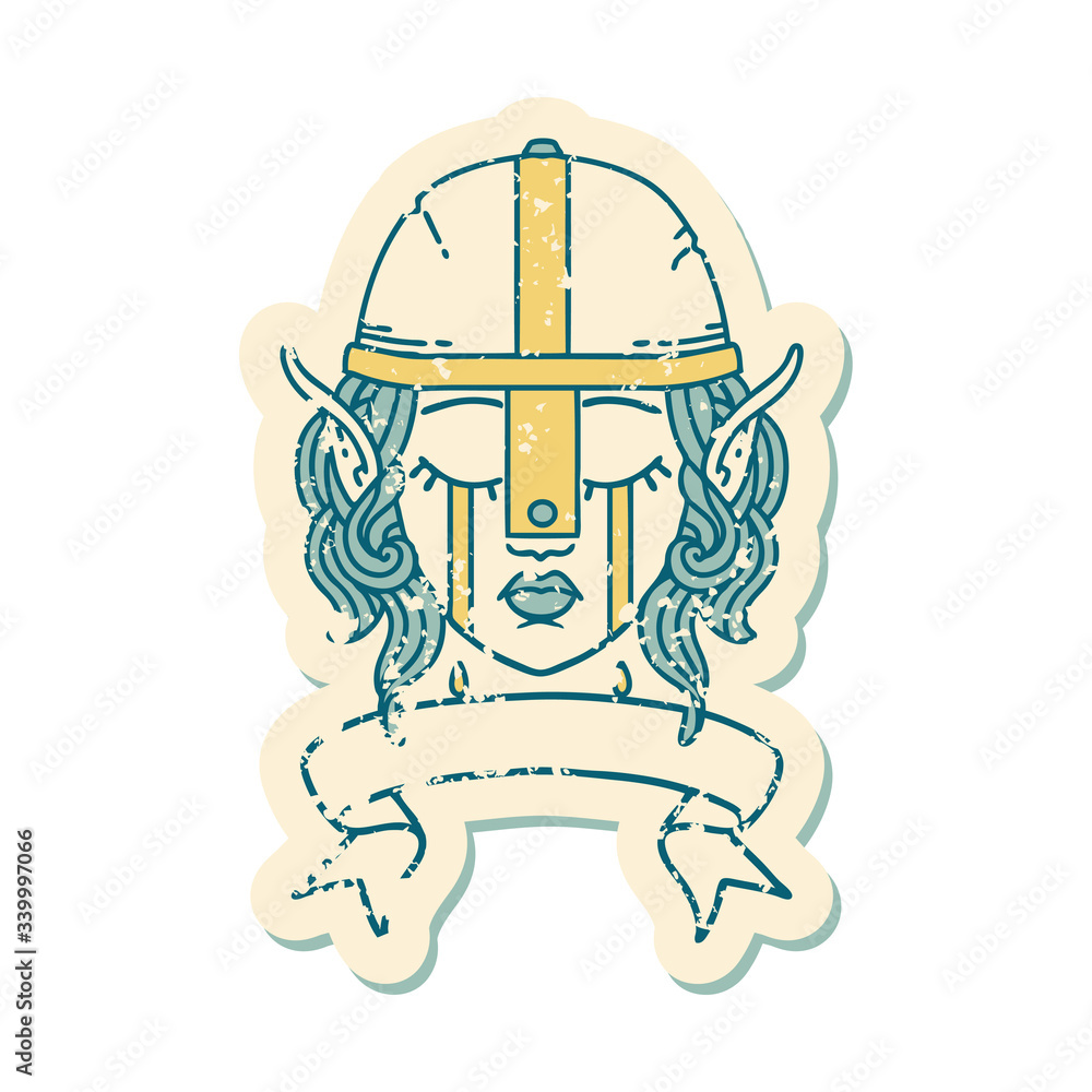 crying elf fighter character face with banner illustration