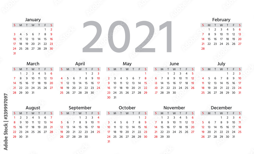 2021 Calendar. Week starts Sunday. Stationery year template. Vector ...