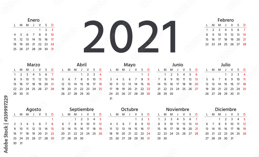 Spanish Calendar 2021 year. Week starts Monday. Vector. Spain calender template. Yearly stationery organizer in minimal design. Horizontal landscape orientation. Simple illustration. Spanish Calendar 2021 year. Week starts Monday. Vector. Spain calender template. Yearly stationery organizer in minimal design. Horizontal landscape orientation. Simple illustration.