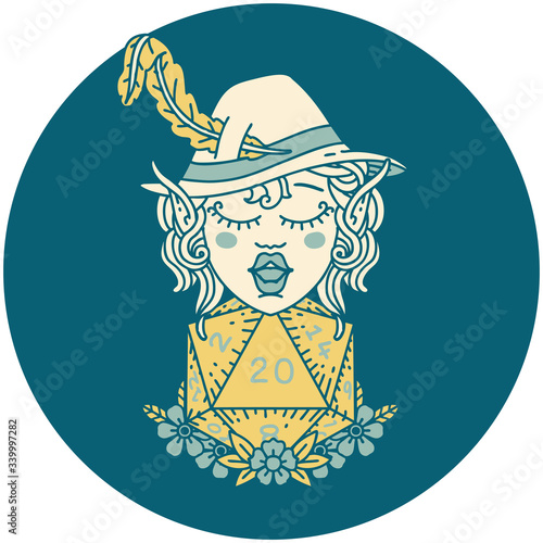 elf bard character with natural twenty dice roll illustration