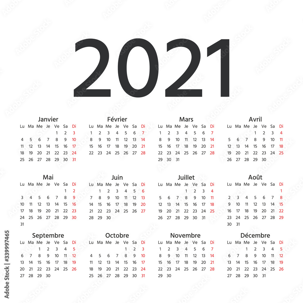2021 French Calendar. Vector. Week starts Monday. 2021 year France calender template. Yearly stationery organizer in minimal design. Simple illustration in french language. 2021 French Calendar. Vector. Week starts Monday. 2021 year France calender template. Yearly stationery organizer in minimal design. Simple illustration in french language.