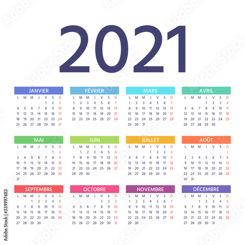 French Calendar 2021 year. Week starts Monday. Vector. France calender template. Yearly stationery organizer in French language. Simple color layout. Colorful illustration. Square planner.