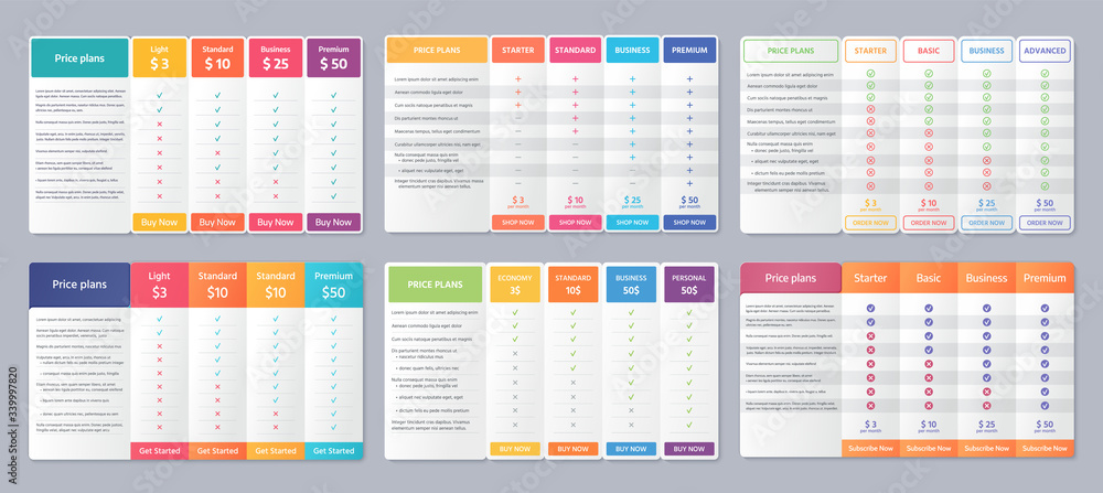 Table price template. Vector. Comparison plan chart. Set pricing data grid with 4 columns. Checklist compare tariff banner. Comparative spreadsheet with options. Color illustration. Flat simple design - obrazy, fototapety, plakaty 