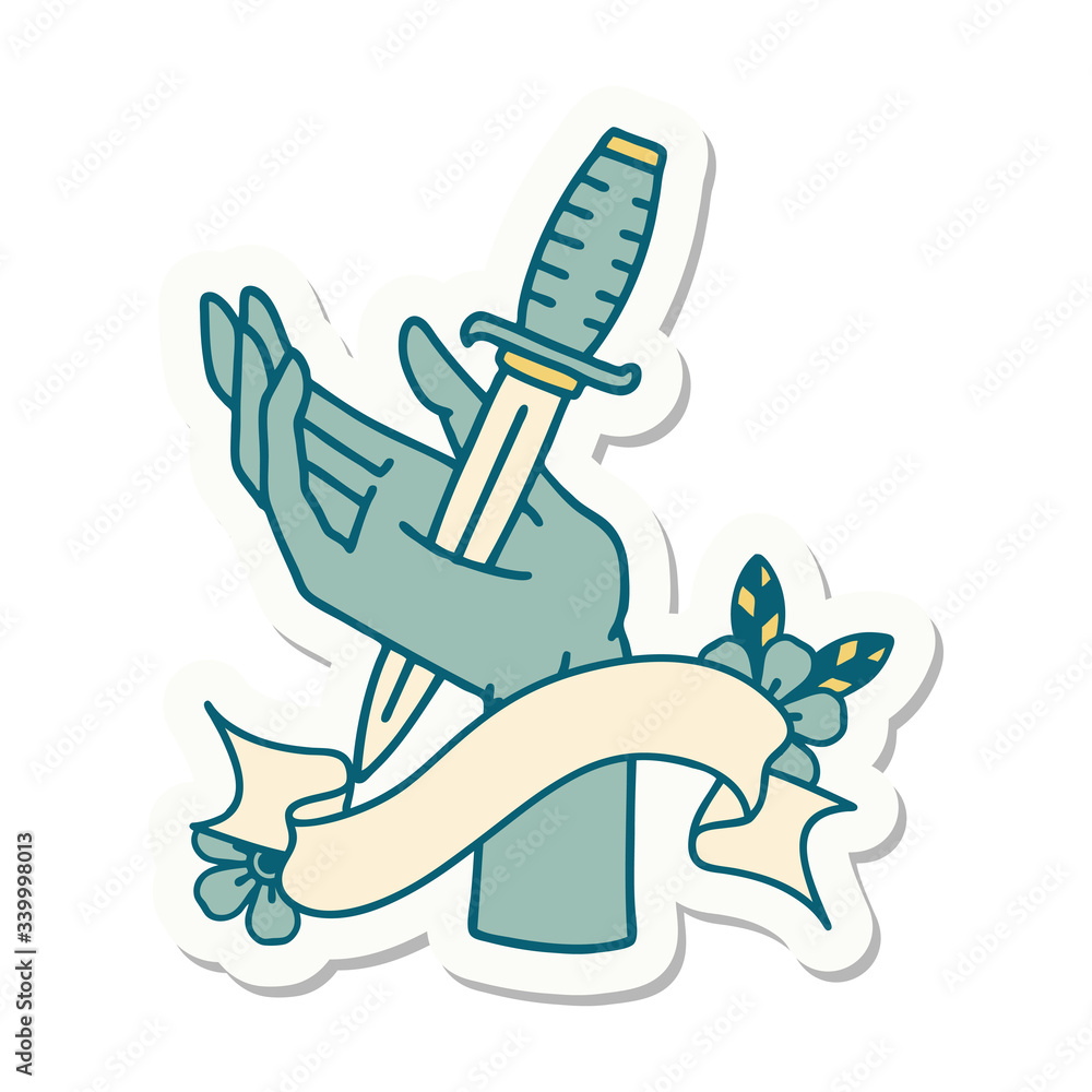 tattoo sticker with banner of a dagger in the hand tattoo sticker with banner of a dagger in the hand