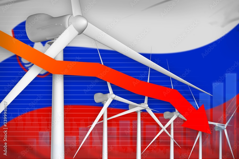 Naklejka premium Slovenia wind energy power lowering chart, arrow down - modern natural energy industrial illustration. 3D Illustration