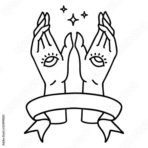 black linework tattoo with banner of mystic hands
