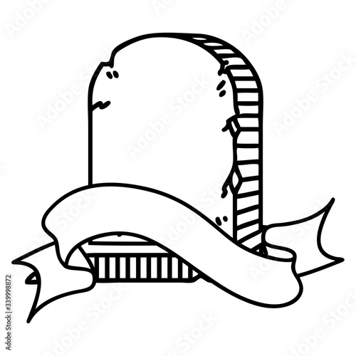 black linework tattoo with banner of a grave stone