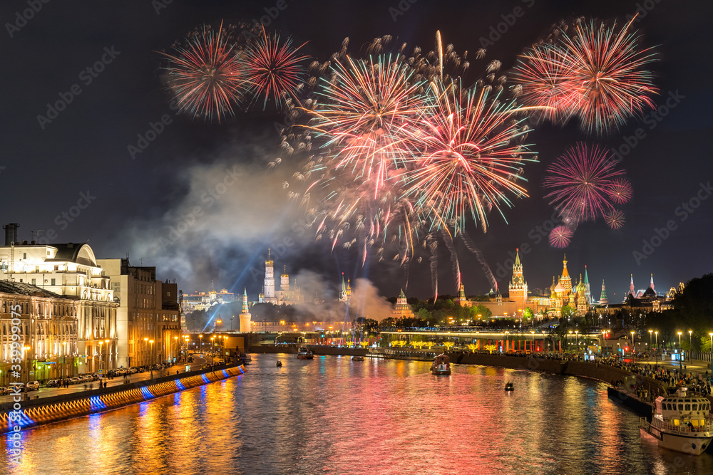 Firework in Moscow in honor of the victory over the Great war on 9th May 2019.