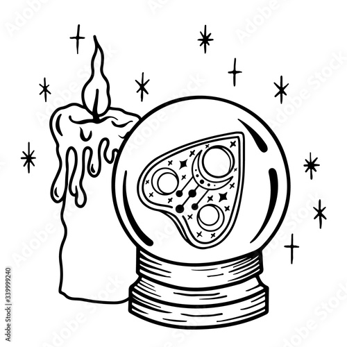 A magic prediction ball with a Ouija Board pointer inside and a candle. Magic crystal ball for divination. Perfect for tattoos and t-shirts