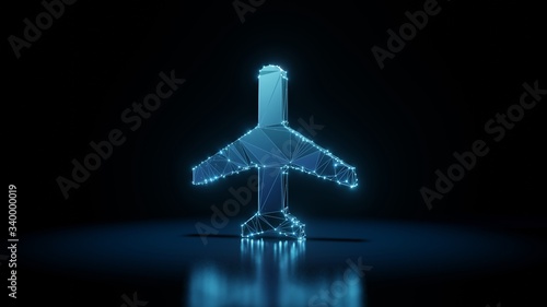3d rendering wireframe neon glowing symbol of technology on black background with reflection