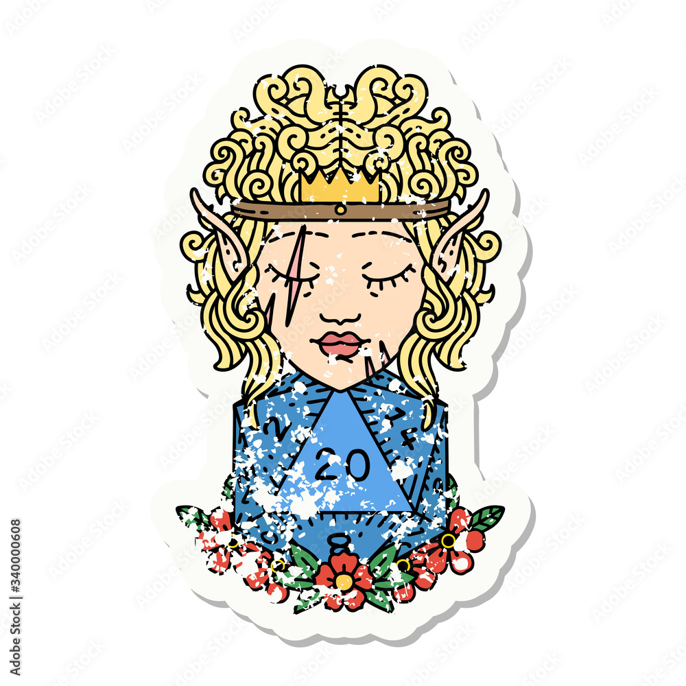 elf barbarian character with natural 20 dice roll grunge sticker elf barbarian character with natural 20 dice roll grunge sticker