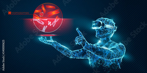 VR wireframe headset vector banner. Polygonal man wearing virtual reality glasses, with holographic of chromosome. Science, diagnostics, virtual analytics, analysis. VR games. Thank you for watching