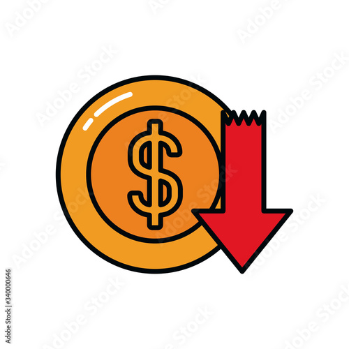 money coin with down arrow icon, fill and line