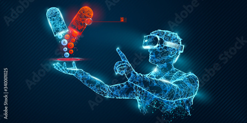 VR wireframe headset vector banner. Polygonal man wearing virtual reality glasses, with holographic of pills. Science, diagnostics, virtual analytics, analysis. VR games. Thank you for watching