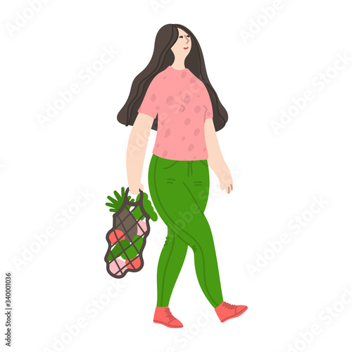 Happy young girl goes shopping from the store. Eco-friendly woman carrying  products in a string bag. Daily life and routine by young woman at home. Flat cartoon vector illustration