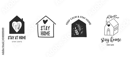 Stay at home, stay safe. Vector logos, illustrations and icons. Hand drawn motivation symbols