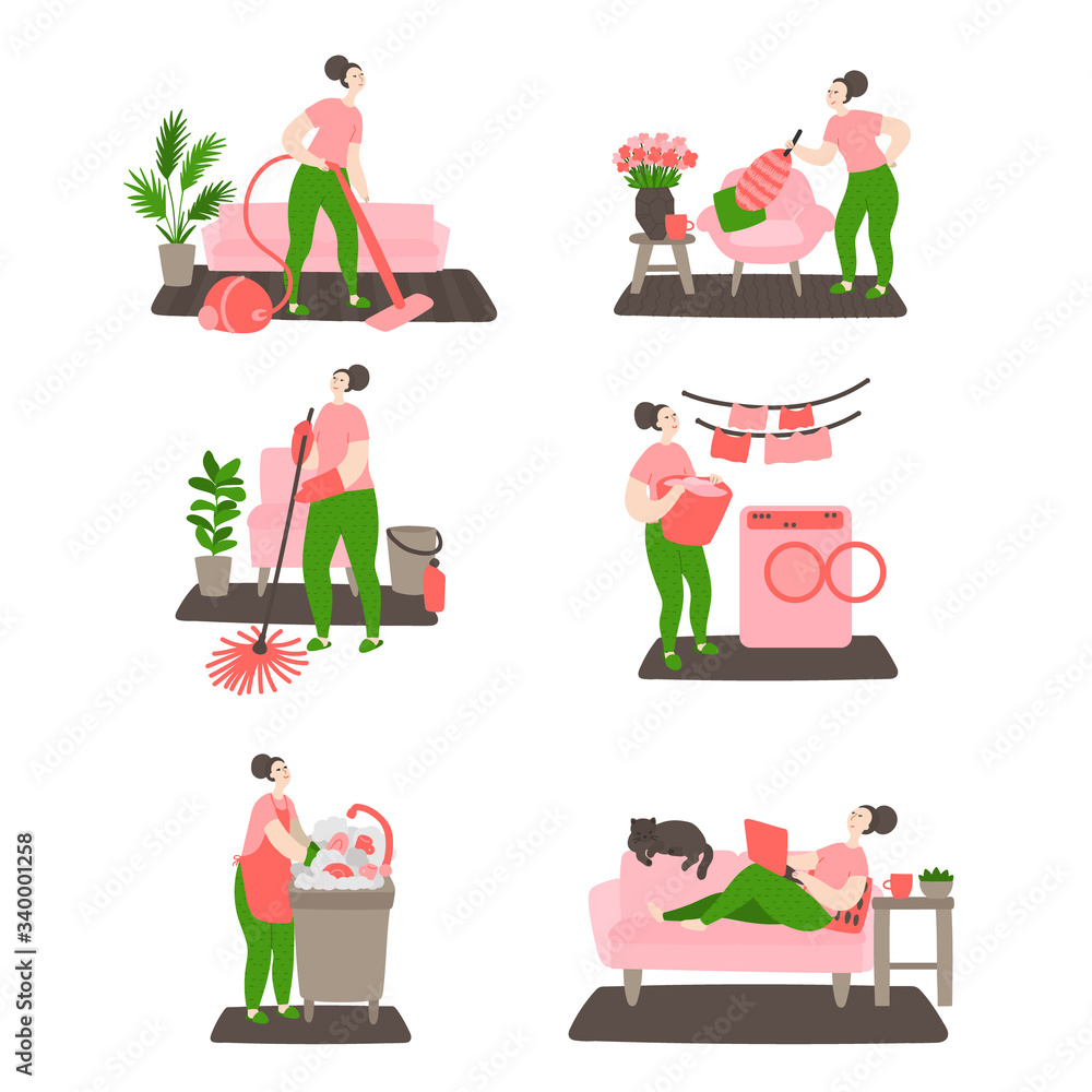 Happy young girl cleans the house. Woman washing, cleaning, vacuuming at home. Daily life and routine by young woman at home. Flat cartoon vector illustration - obrazy, fototapety, plakaty 