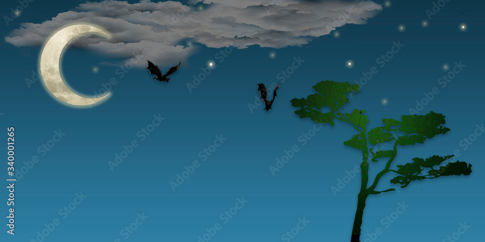 Ilustración de la selva en la oscuridad de la noche con su fauna.