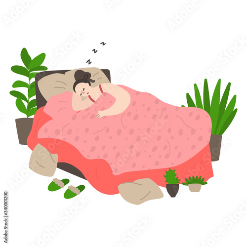 Happy young girl falls asleep in her bed. Woman sleeping in her bed. Daily life and routine by young woman at home. Flat cartoon vector illustration