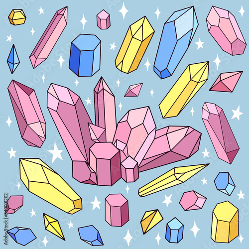 Large vector set of colored crystals and precious stones