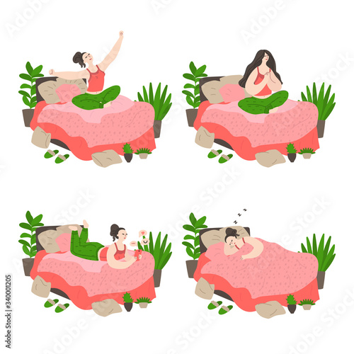 Daily life and routine by young woman at home. Girl wake up, meditation, sends messages and sleeping in her bed. Bundle of daily life scenes. Flat cartoon vector illustration