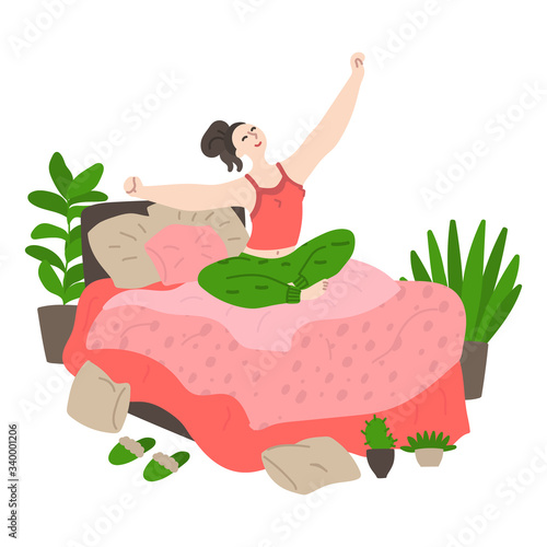 Happy young girl wakes up and stretches in bed early in the morning. Woman wakes up and stretches in bed. Daily life and routine by young woman at home. Flat cartoon vector illustration
