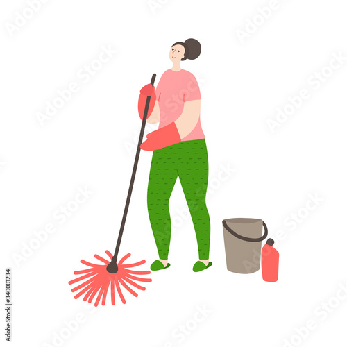 Happy young cleans the house. Woman mops floors. Daily life and routine by young woman at home. Flat cartoon vector illustration