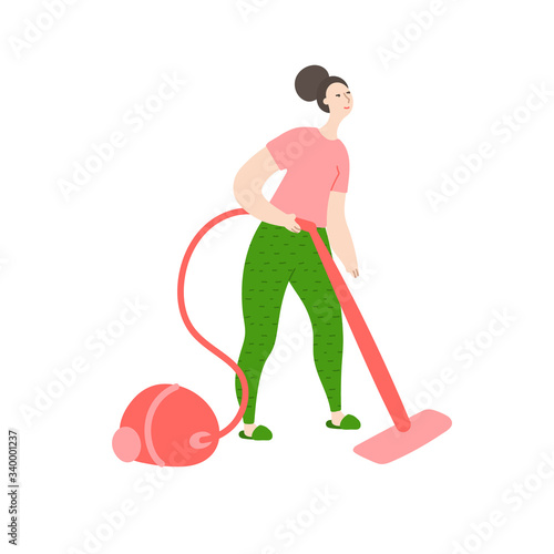 Happy young cleans the house. Woman vacuuming the living room floor. Daily life and routine by young woman at home. Flat cartoon vector illustration