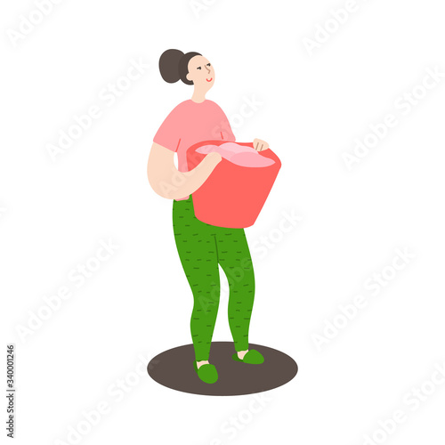 Happy young cleans the house. Woman carries laundry in a basket. Daily life and routine by young woman at home. Flat cartoon vector illustration