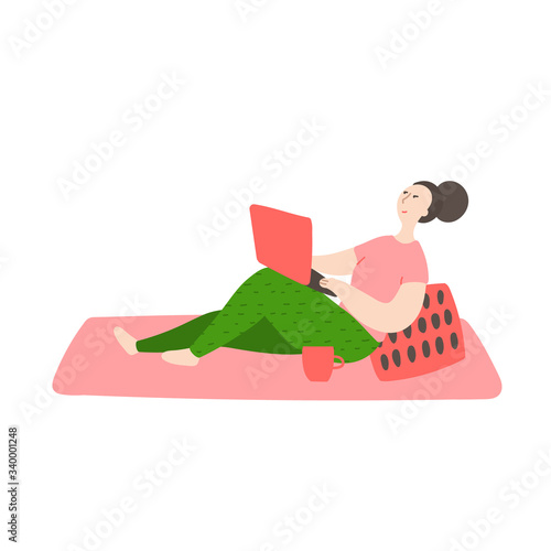 Happy young girl stays at home with laptop. Woman lazily resting with a laptop. Daily life and routine by young woman at home. Flat cartoon vector illustration