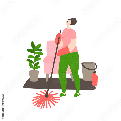 Happy young cleans the house. Woman mops floors in the living room. Daily life and routine by young woman at home. Flat cartoon vector illustration